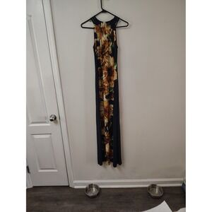 Emma & Michele Sunflower Floral Maxi Dress Navy Blue Halter Neck Sleeveless S